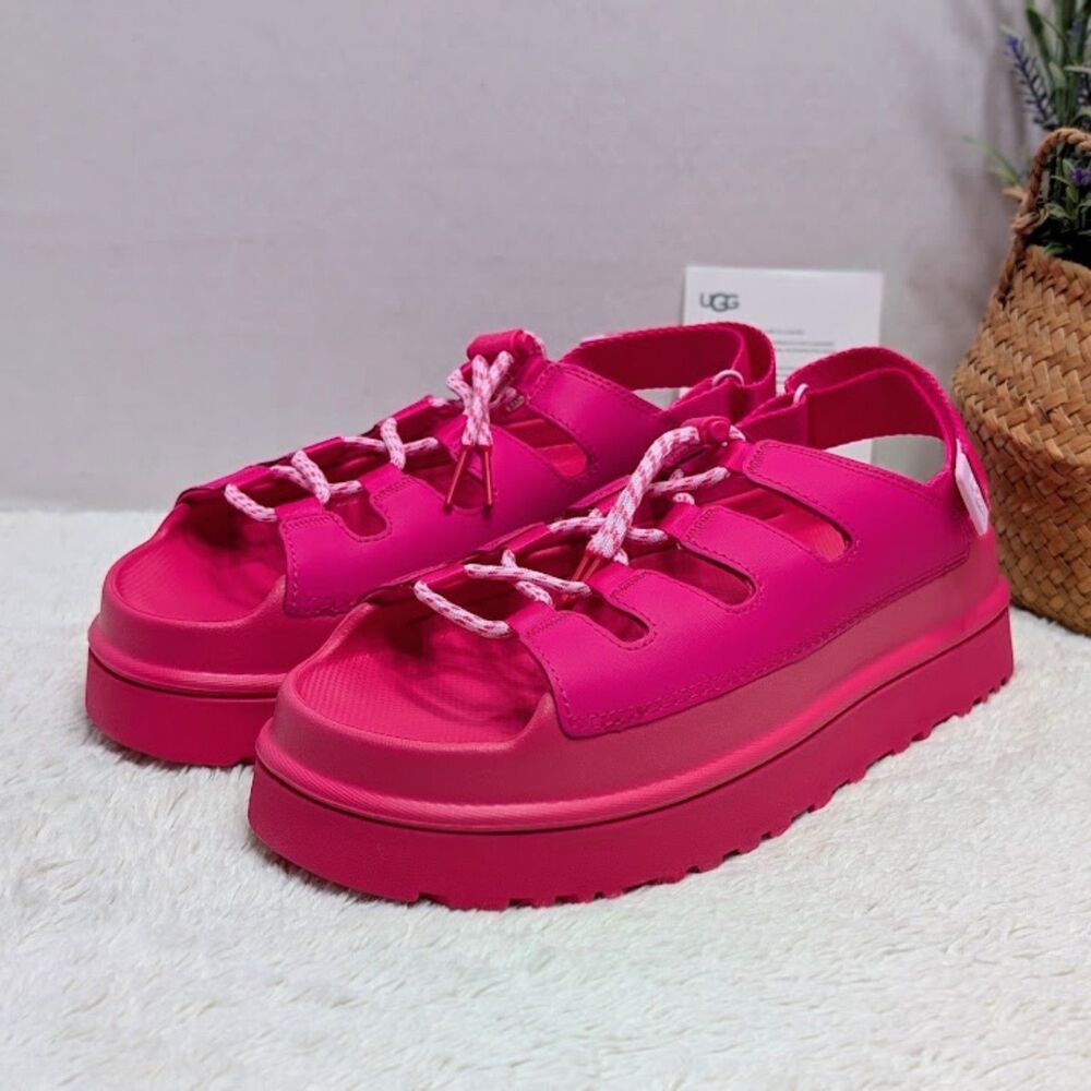 UGG Deep Coral Pink GoldenGlow Toggle Leather Platform Sandals Size 10 NWT